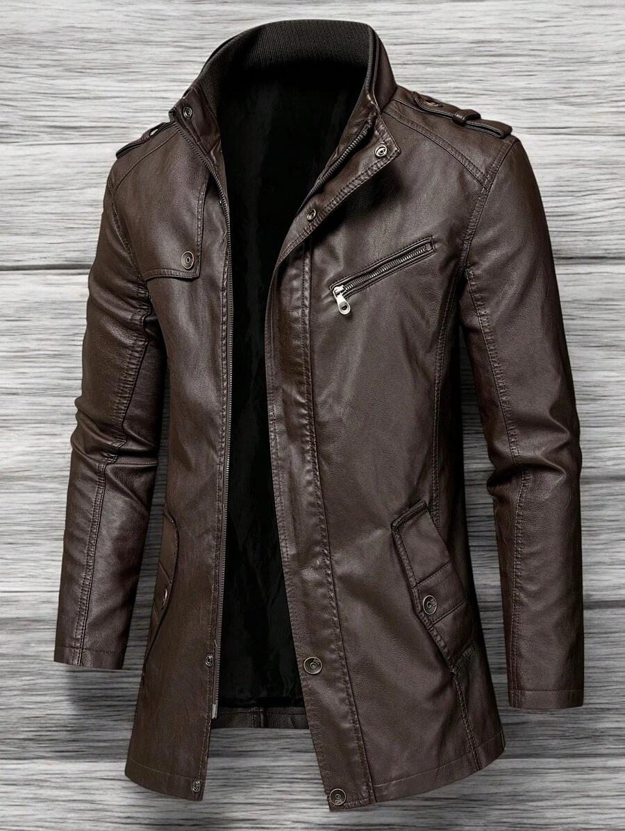 1 件男士户外仿皮 PU 夹克，领口拉链中长外套，时尚秋季外套，羊毛 - 咖啡棕 - 查看 1
