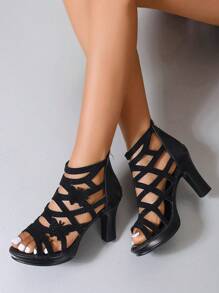 女士高跟罗马凉鞋，新款夏季时尚蝴蝶镂空靴女式露趾鞋，优雅妈妈鞋 - 黑色 - 查看 8