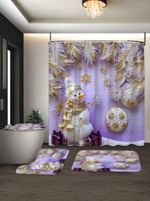 Bộ 4 rèm phòng tắm hình người tuyết Giáng sinh, rèm tắm chống thấm nước có 12 móc, thảm tắm, nắp bồn cầu hình chữ U, phụ kiện phòng tắm, đồ trang trí Giáng sinh - Phong cách E Snowman màu tím - Xem 1