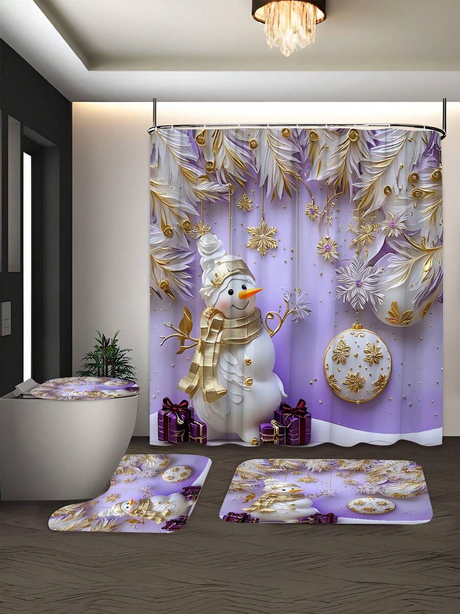 Bộ 4 rèm phòng tắm hình người tuyết Giáng sinh, rèm tắm chống thấm nước có 12 móc, thảm tắm, nắp bồn cầu hình chữ U, phụ kiện phòng tắm, đồ trang trí Giáng sinh - Phong cách E Snowman màu tím - Xem 1