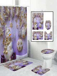 Bộ 4 rèm phòng tắm hình người tuyết Giáng sinh, rèm tắm chống thấm nước có 12 móc, thảm tắm, nắp bồn cầu hình chữ U, phụ kiện phòng tắm, đồ trang trí Giáng sinh - Phong cách E Snowman màu tím - Xem 3