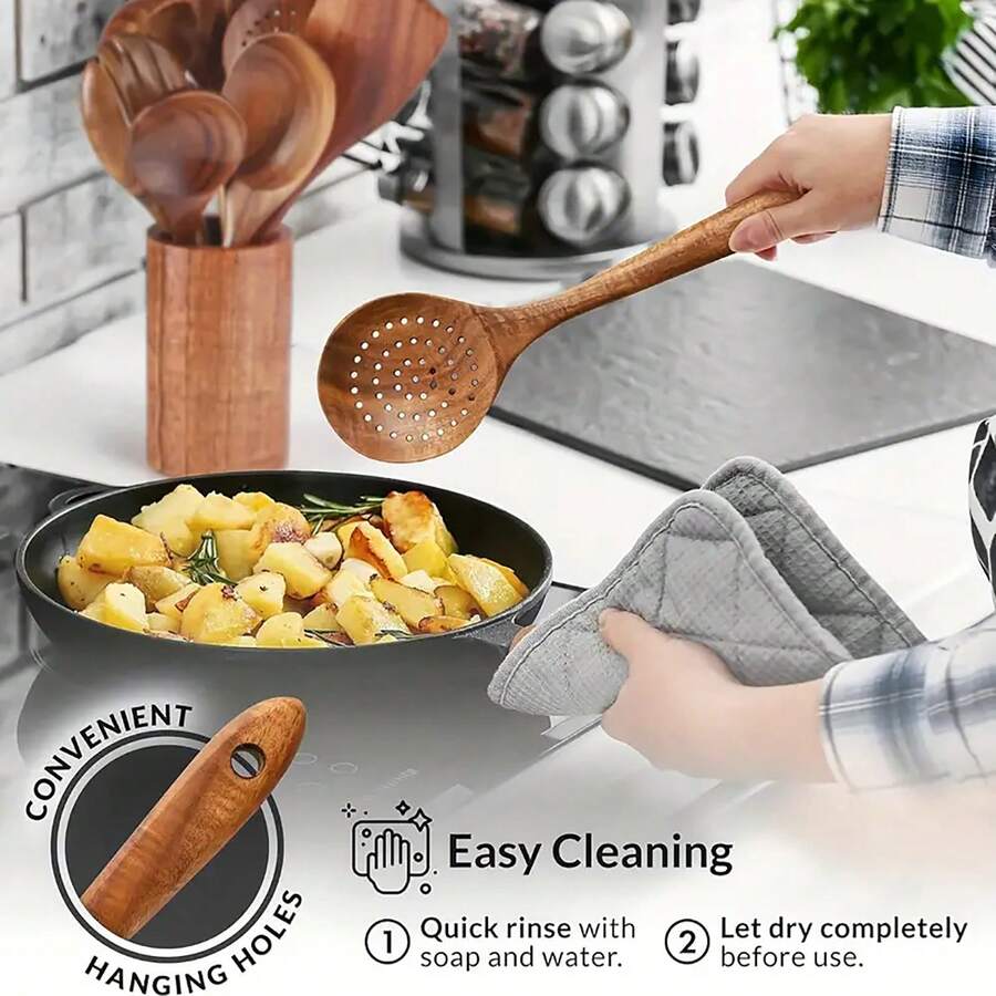 10pcs Wooden Cooking Utensil Set With Holder & Spoon Rack Smooth
