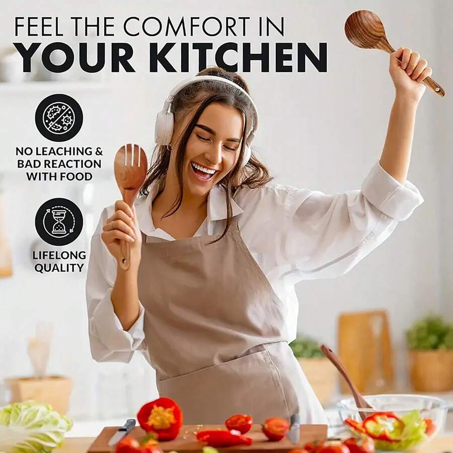 10pcs Wooden Cooking Utensil Set With Holder & Spoon Rack Smooth