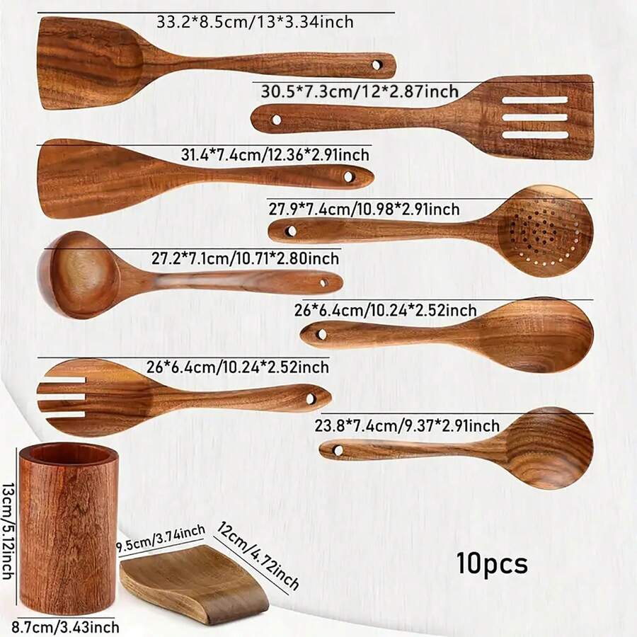 10pcs Wooden Cooking Utensil Set With Holder & Spoon Rack Smooth