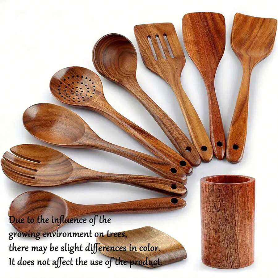 10pcs Wooden Cooking Utensil Set With Holder & Spoon Rack Smooth