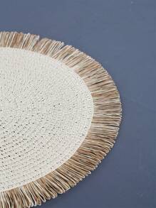 1pc/4pcs/6pcs/8pcs Khaki/Beige Round Woven Rattan Double Color Tassel Placemats, Heat Resistant Non-Slip Kitchen Table Mats, Insulation Pads, Table Decor For Party Dinner - Beige - View 12
