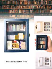 1pc（书架+60本随机书）木制口袋焦虑书架创意抗焦虑书架减压小工具迷你书柜礼物 - 彩色 - 查看 1