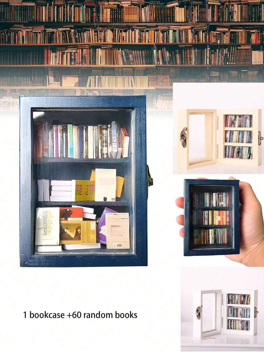 1pc（书架+60本随机书）木制口袋焦虑书架创意抗焦虑书架减压小工具迷你书柜礼物 - 彩色 - 查看 1