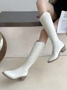 Women's Slim Fit V-Cut Pointed Toe Chunky Heel Stretch Riding Boots, Fashionable Western Style - White - View 3