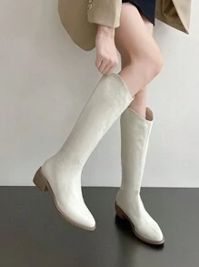 Women's Slim Fit V-Cut Pointed Toe Chunky Heel Stretch Riding Boots, Fashionable Western Style - White - View 4