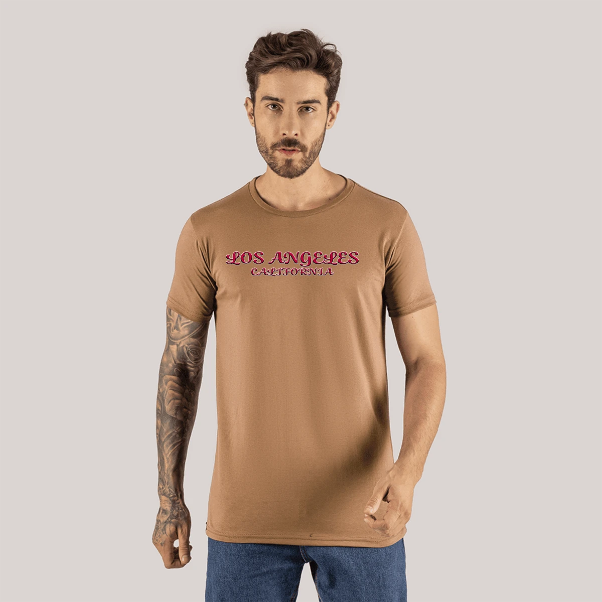 Comfortable Printed T-Shirt Soft Cotton Premium 30.1 LA Font - 米色 - 查看 1