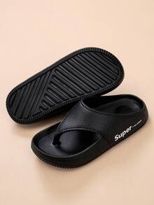 女士时尚百搭厚底人字拖凉鞋，简约防滑轻便软底纯色休闲拖鞋，适合海滩穿着 - 黑色 - 查看 2