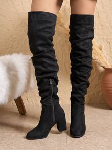 Women Sexy Thigh High Boots, Black Suede, Side Zipper, Chunky Heel, Folding Over The Knee Boots For Fall Winter,High Heels - Black - View 2