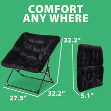Comfy Saucer Chair For Adults, Soft Faux Fur Folding Lounge Chair For Bedroom Living Room Dorm Rooms Flexible Reading Chair For Teens Kids, X-Large Foldable Chair (Faux Fur-Black) - 人造毛皮-黑色 - 查看 2