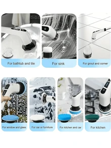 1 Wireless Electric Rotary Cleaner - USB Charging, 7 Replaceable Brush Heads, Dual Speed, Detachable Telescopic Handle, Battery Level Indicator, Suitable For Kitchen/Living Room/Bathroom Cleaning, Lithium Battery Power Supply, Seven In One Household Cleaning Product