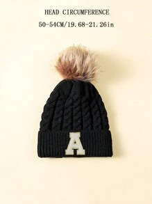 1 件儿童字母设计冬季毛绒球帽 - 黑色 - 查看 3