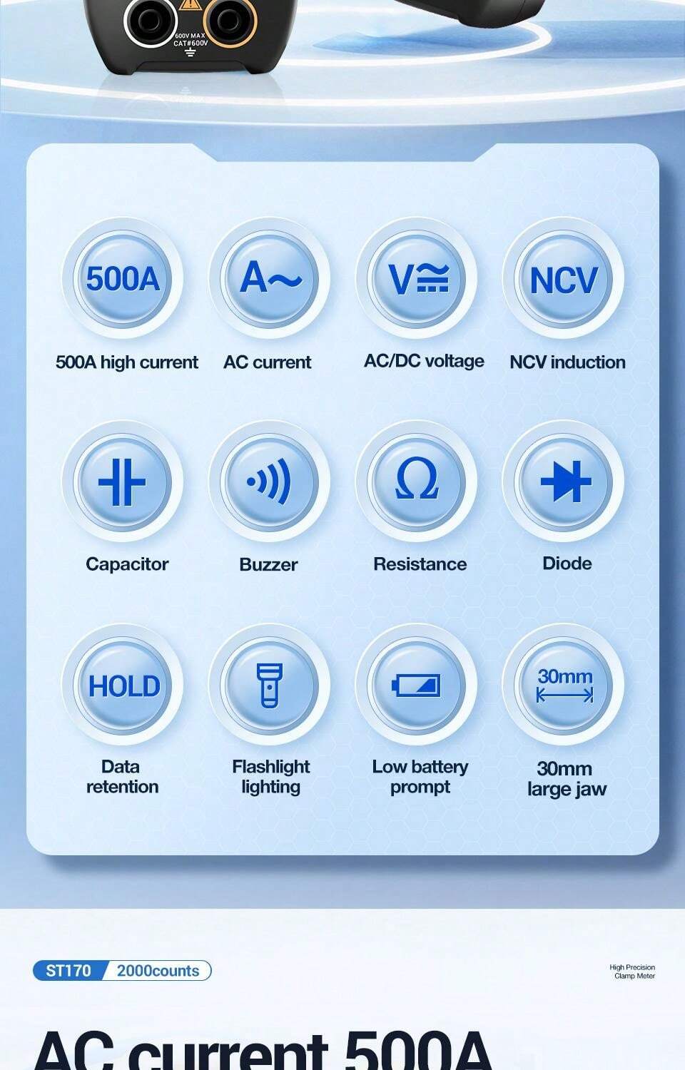 ANENG ST170 NonContact Clamp Meter 1999 Counts LED Screen AC Current