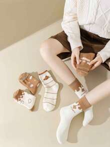 6 đôi tất vải bông ấm áp mùa đông cho nữ, tất cao đến giữa bắp chân hoạt hình co giãn dày, tất rộng, tất ngủ thoải mái, tất thủy thủ, tất dễ thương đa năng - Nhiều màu - Xem 6