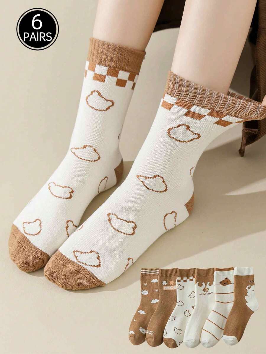 6 đôi tất vải bông ấm áp mùa đông cho nữ, tất cao đến giữa bắp chân hoạt hình co giãn dày, tất rộng, tất ngủ thoải mái, tất thủy thủ, tất dễ thương đa năng - Nhiều màu - Xem 1