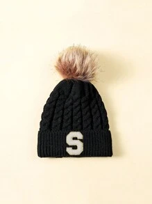 1 件儿童字母设计冬季毛绒球帽 - 黑色 - 查看 27