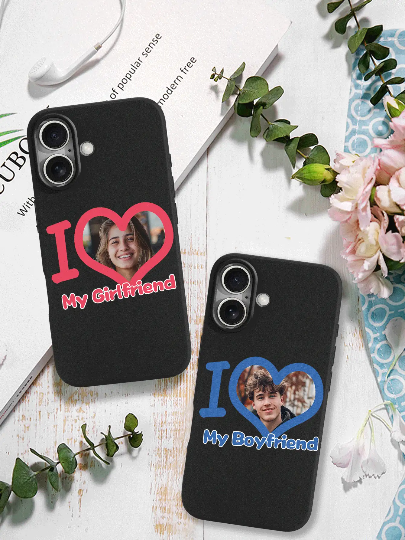 1 件个性化情侣心形设计照片手机壳兼容 Apple IPhone15 ProMax/ S24 Ultra/Redmi//OnePlus 等型号 - 黑色 - 查看 2