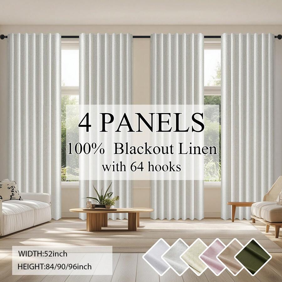 Topfinel 4 Panels Curtains Cream OliveGreen Natural Linen Curtains Winter 100% Blackout Thermal Sound Insulated , Ring Clips Back Tab Track System  Hook Belt For Living Room Bedroom Office New Year Home Decor - màu sắc tự nhiên - Xem 1