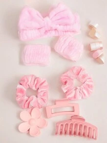 8 Pieces Set Of Minimalist Pink Minimalist Home Hair Accessories For Girls, Suitable For Daily Makeup, Face Washing And Decoration