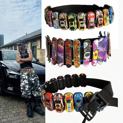 1pc Creative Car Waist Belt, Handmade Mini Racing Car & Skateboard Design, Magnetic Buckle, Fashion Waist Belt For Party, Street Style, COSPLAY Summer, School Casual, Business, Boyfriend Husband Father Dad Men Gift, Daily Wear, Fashion, Teen, Outdoor, Vacation, Athletic, Travel, Street, Boho, Vintage Fall, Autumn, Halloween Autumn-Winter Accessories,Suitable For Teens, Youth,Men,Casual, Outdoor, Athletic, Vacation, Graduation Gifts, Birthday, Daily Wear