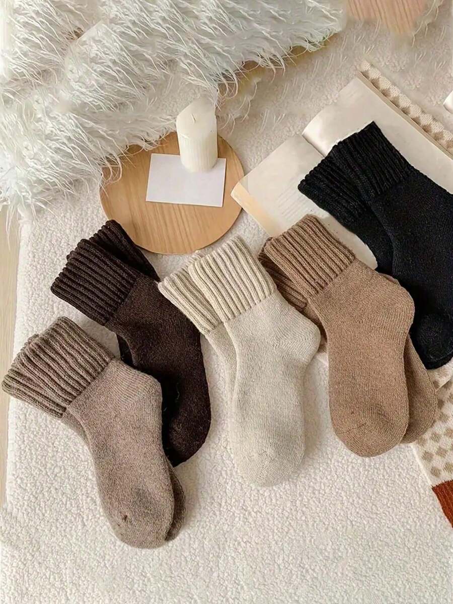 5 Pairs Fluffy Cartoon Striped Mid-Calf Socks, Breathable Moisture-Wicking, Couples Design, Autumn/Winter - Multicolor - View 1