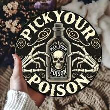 1件“选择你的毒药”复活节标牌：复古圆形金属牌匾，墙面装饰，悬挂式标牌，心理象征，适用于家居、餐厅、酒吧、咖啡馆、门、庭院、车库墙面装饰（7.8英寸 x 7.8英寸），孔位随机