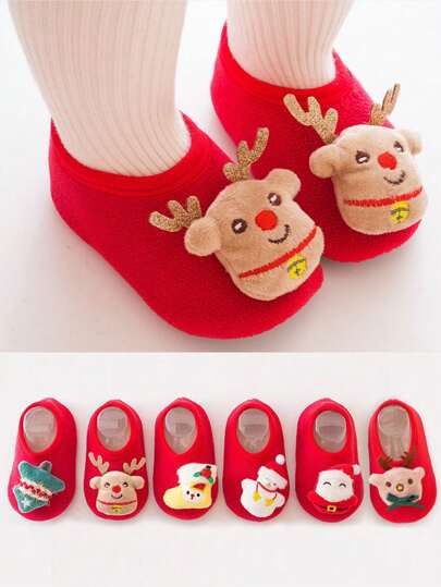 1pair Christmas & New Year Red Baby Infant Socks With Cute Animal Patterns, Warm Thicken Non-Slip Floor Socks For Autumn Winter