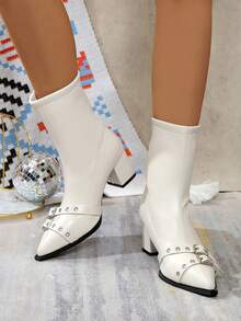 白色尖头粗跟细踝靴，女式复古高跟皮短靴 - 白色 - 查看 3