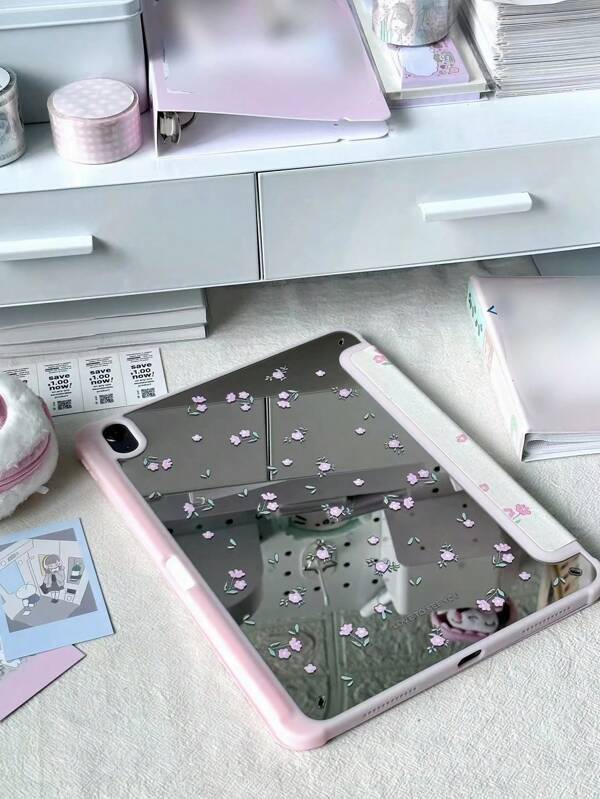 Flower 1pc Beautiful Cartoon Floral Double-Sided Acrylic Transparent Crystal Back Cover, Shockproof Protective Case With Sleep/Wake Function Compatible With IPad