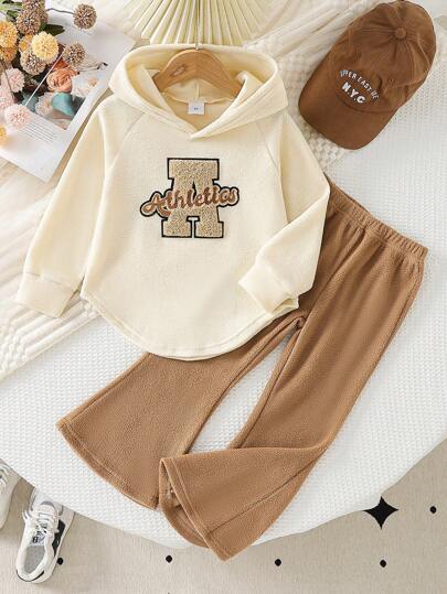 2 Stücke/Set Outfit für Kleine Mädchen für Frühling/Herbst, bestickter Buchstaben Kapuzenpullover, Fleece Hose, Kapuzenpullover und Hose Set für Herbst/Winter