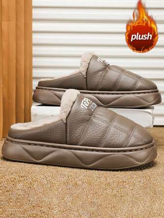 男士厚底增高防滑 PU 皮革拖鞋，防水防油，纯色，保暖内衬，秋冬季保暖，柔软舒适，男士毛茸茸室内便鞋