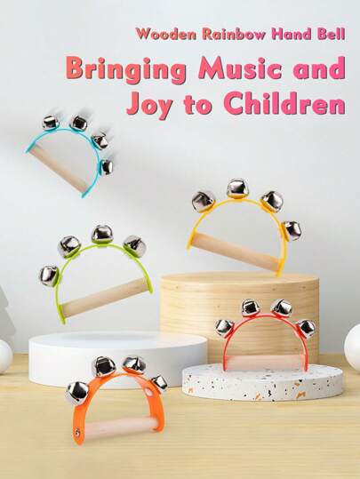 1pc Hand Jingle Bells Hand Sleigh Bells Rainbow Rattles Bell Handhold Wooden Bells With Handle Musical Instrument Gifts School Desk Ring Bell For Education Party Christmas