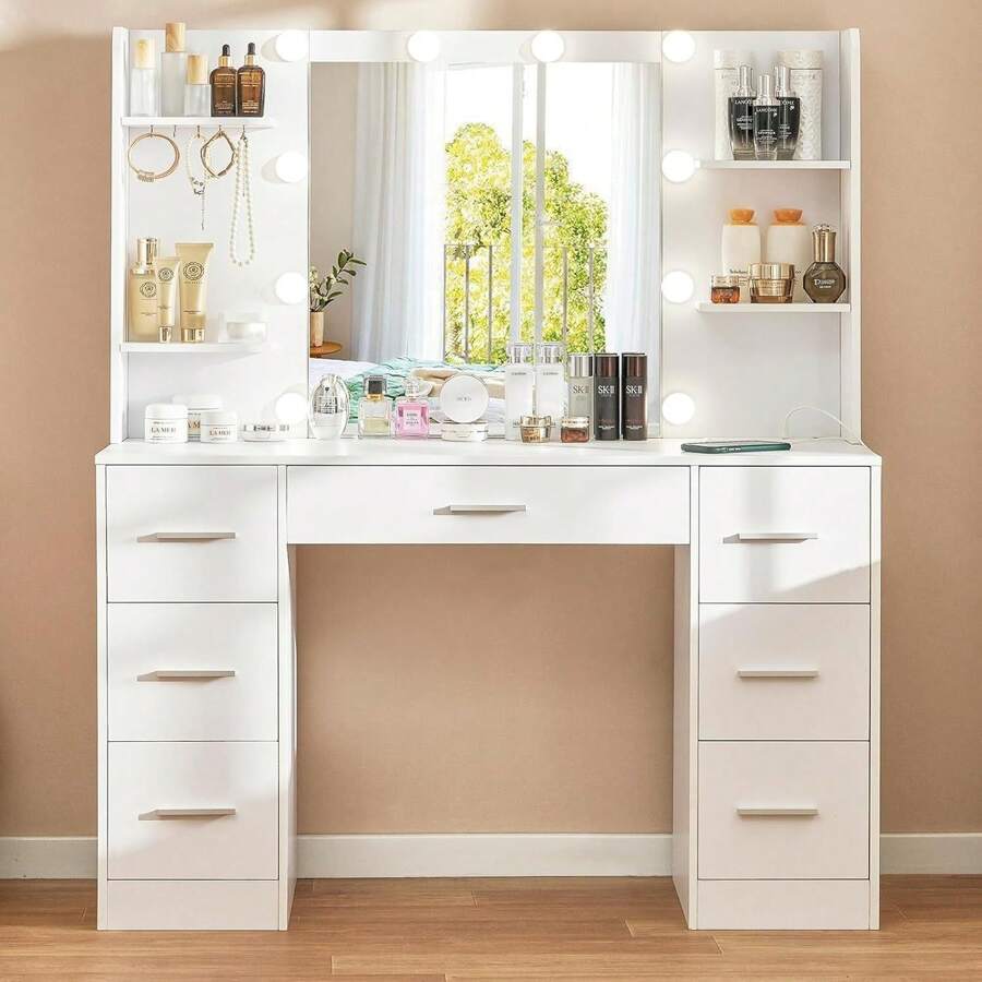 Large Vanity Desk With LED Lighted Mirror & Power Outlet,Makeup Vanity Table With 7 Drawers,4 Shelves And 5 Hooks,Vanity Table, Vanity Desk Set For Bedroom,Bathroom,White - trắng - Xem 1
