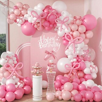 New Bow Pink Balloon Garland Arch Kit With Pink White Clear Latex Balloons For Princess Birthday Babyshower Bridal Shower Valentine's Day Party Decorations Supplies