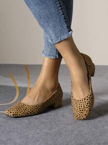 New Polka Dot Thick Heel Slip-On Square Toe Loafers Comfort Casual Flats For Women, Plus Size Low Heel Shoes, Suitable For All Seasons - Brown - View 4