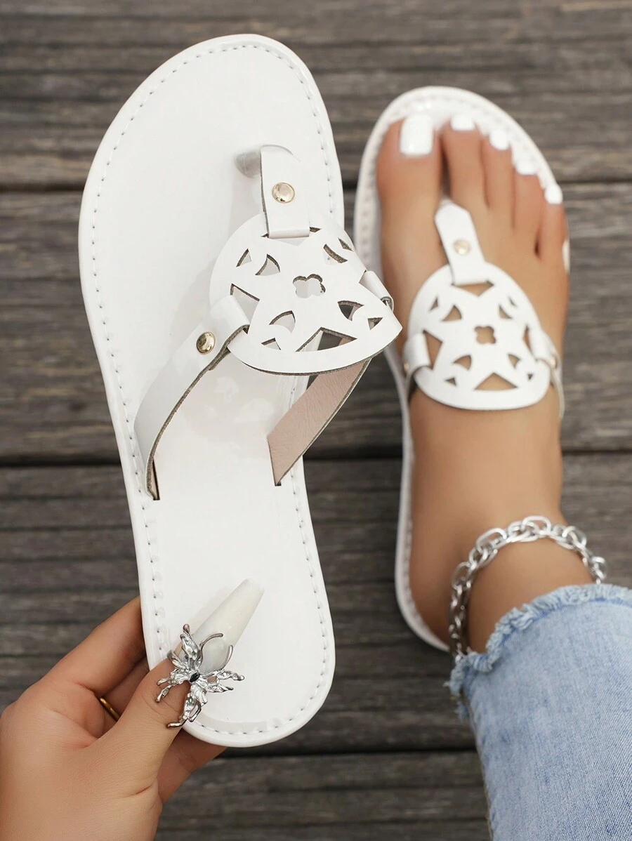 女士时尚休闲简约时尚可爱百搭白色亮面平底凉鞋, 女士黑色亮面平底凉鞋, 女士蓝色平底亮面凉鞋, 棕色平底凉鞋, 水钻, 串珠, 居家, 舒适, 购物, 郊游, 大码, 海滩, 夏季, 一脚蹬, 圆形镂空图案, 圆头, 人字拖平底拖鞋