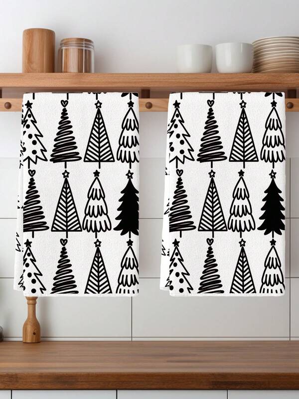 2 Pcs Black And White Kitchen Towels Dish Cloth Towels Absorbent Hand Towels Cleaning Cloths Simple Lines Christmas Tree Kitchen Towels Holiday Decoration Suitable For Dish Table