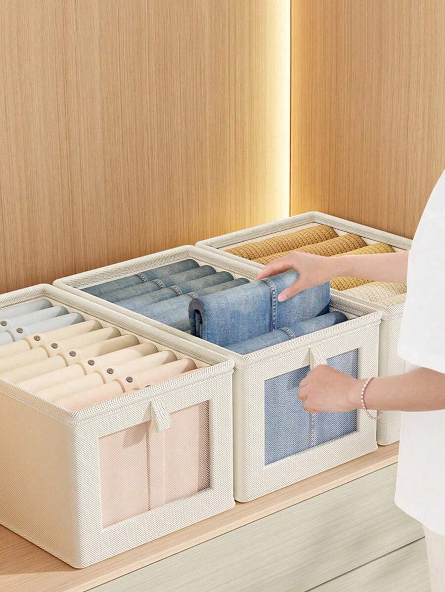 1/2pcs Uncovered/With Lid Fabric Clothes Storage Box, Foldable Wardrobe Visible Window Garment Storage Case, Household Drawer-Style Jeans Organizer - Beige Without Cover - View 1