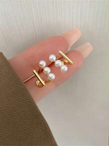 1 par de pendientes de perla de lujo con baño de oro rosa, de estilo francés, diseño sofisticado de doble capa geométrica, para mujer