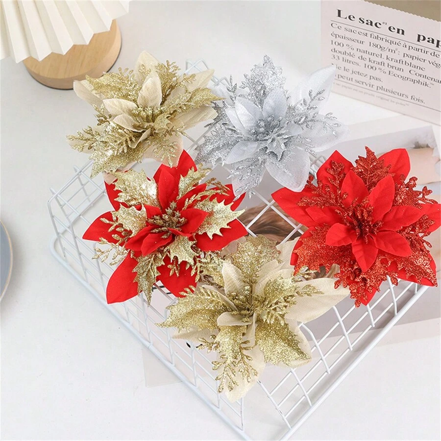 10pcs Glitter Christmas Poinsettia Artificial Flower - Decorative Tree Wreaths Garland, Sparkling Flower Picks For Xmas, New Year, Wedding, Party Ornaments With Festive Holiday Cheer - Multicolor - View 1