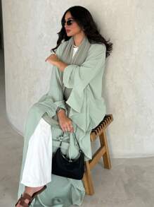 1 件女士休闲优雅时尚纯色刺绣长袍 Abaya Derss，舒适柔软亲肤面料，适合节日、日常聚会和穿着 - 淺綠色 - 查看 2