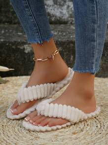 秋冬春秋新款女士拖鞋 时尚条纹黑色、米色、粉色 舒适防滑平底室内卧室人字拖，毛绒拖鞋