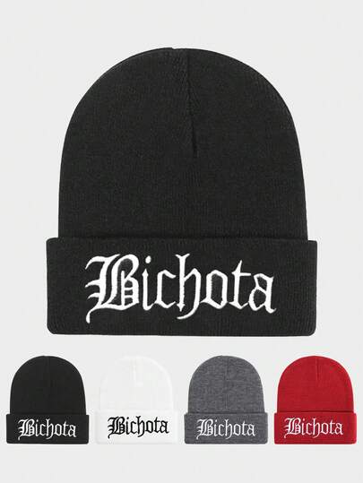 1pc Embroidered "BICHOTA" Unisex Knitted Beanie Hat, Outdoor Cold Weather Cap, Personalized Stylish Brimless Hat, Y2K Style