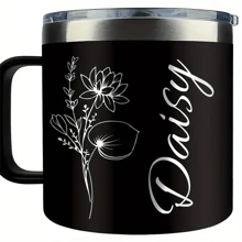 Custom Stainless Steel Vacuum Cup With Flower Pattern, Can Be Personalized With Name, Handles, Lid, Keeps Drinks Hot/Cold, Traveling Tumbler, Birthday/Couples Gift, Car Cup