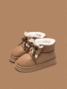 Giày bốt đi tuyết trang trí nơ mới 2024 cho nữ, giày ấm chống trượt dày, giày lười mũi kín màu trơn tối giản, giày bốt ngoài trời thoải mái và giản dị - màu nâu - Xem 1