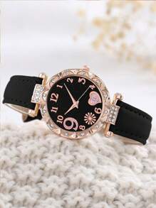 Girls Fashion Rhinestone Inlaid Digital Heart Shaped Dial Quartz Watch Band Combination Set (3pcs/Set) As A Gift For Back To School Students - Multicolor - View 5